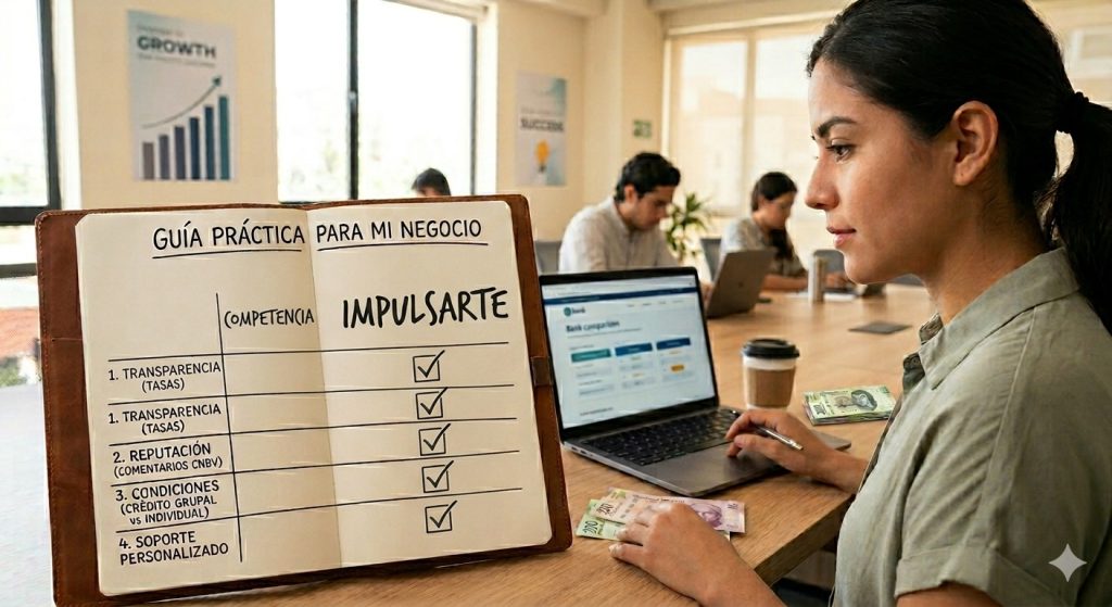 Mujer emprendedora revisando opciones de crédito para elegir una financiera confiable para su negocio