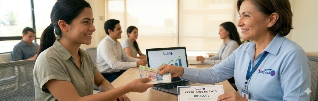 Una emprendedora mexicana sonríe mientras recibe un fajo de billetes de pesos mexicanos de una asesora de Impulsarte, quien también sostiene un certificado de éxito, en una oficina con un gráfico de crecimiento en una computadora.