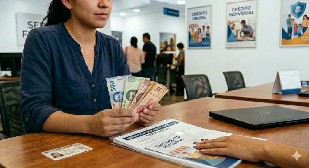 Una mujer joven sonríe con confianza al solicitar su primer crédito en una oficina moderna de Impulsarte para Crecer, superando la falta de historial crediticio.