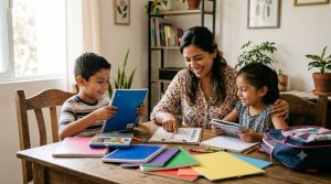 Mamá emprendedora que hizo su guardadito está sonriendo mientras revisa la lista de útiles escolares con sus hijos en casa.