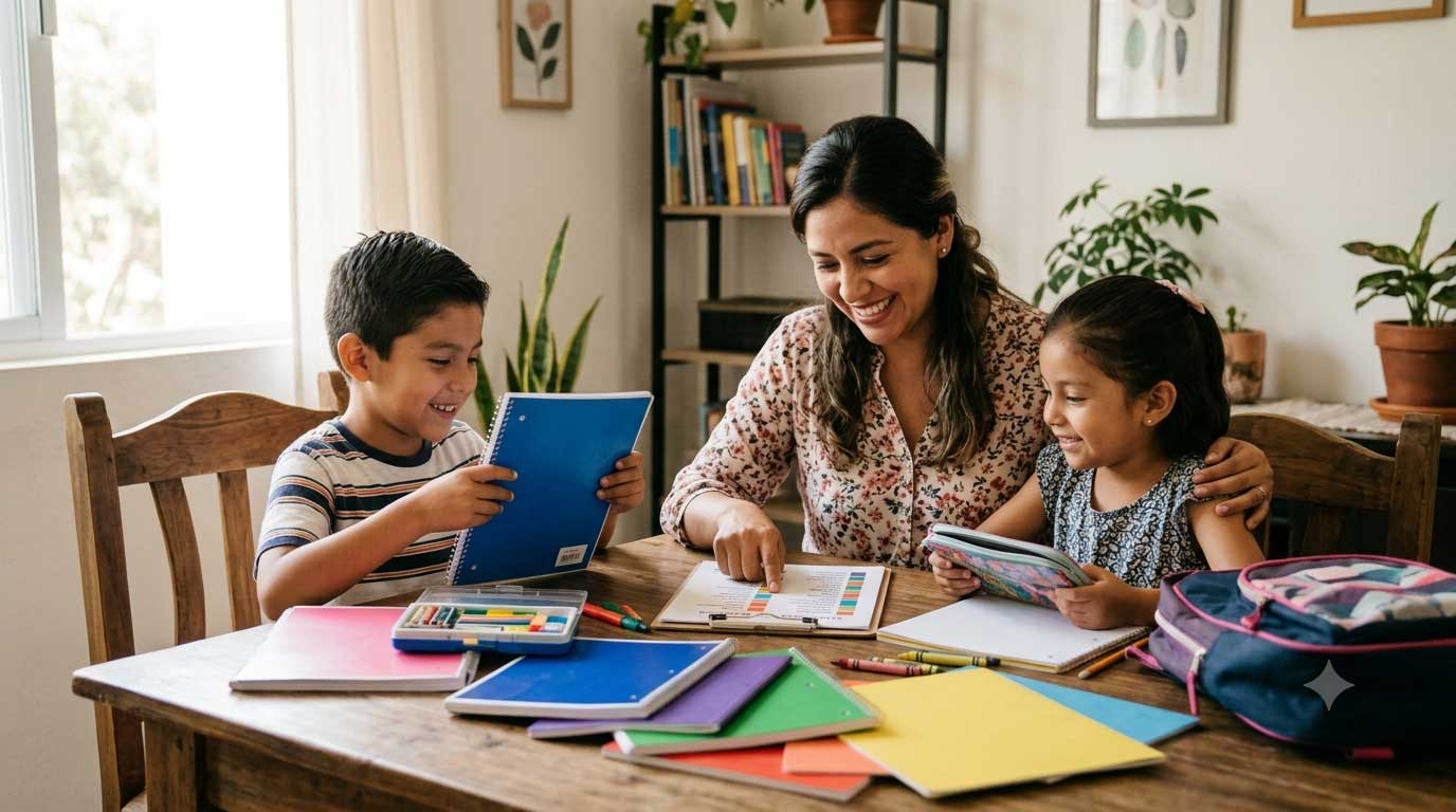 Mamá emprendedora que hizo su guardadito está sonriendo mientras revisa la lista de útiles escolares con sus hijos en casa.