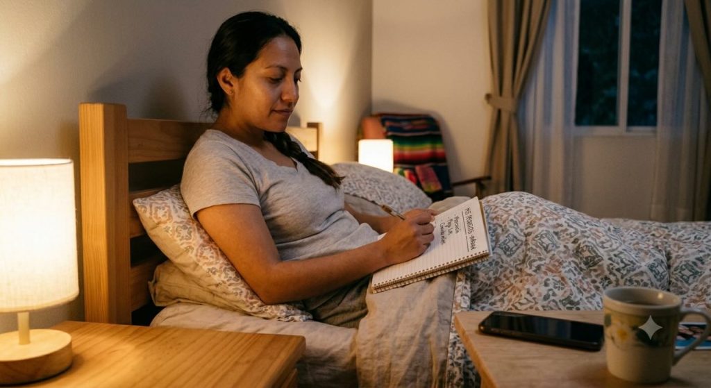 Mujer-mexicana-descansando-plácidamente-en-su-cama- con-el-rostro-relajado-y-cobijada