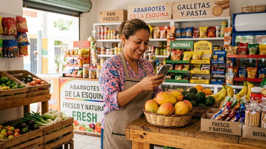 Dueña de una tiendita en México sonriendo mientras toma fotos a sus productos con su celular para publicar su negocio en internet.