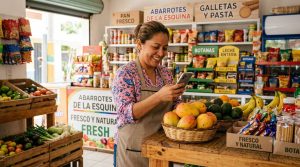 Dueña de una tiendita en México sonriendo mientras toma fotos a sus productos con su celular para publicar su negocio en internet.