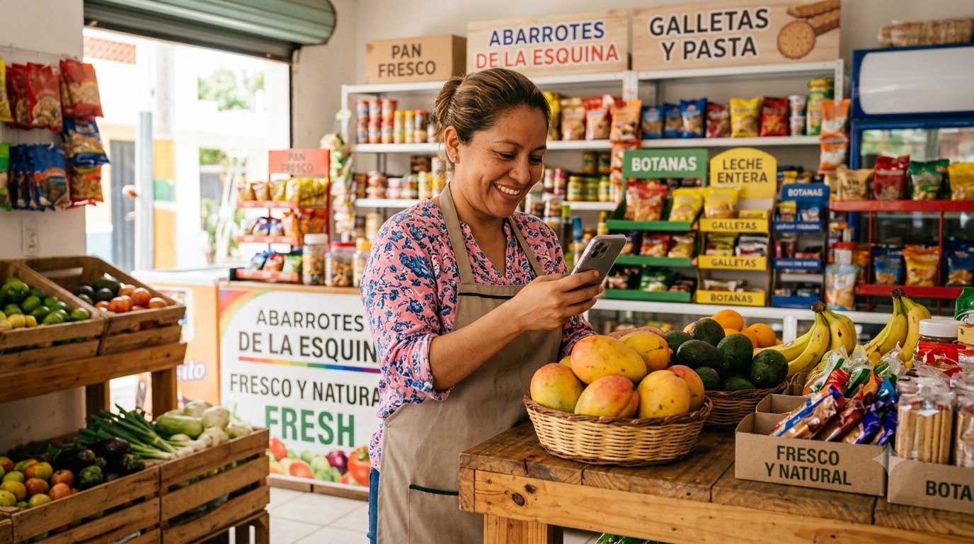 Dueña de una tiendita en México sonriendo mientras toma fotos a sus productos con su celular para publicar su negocio en internet.