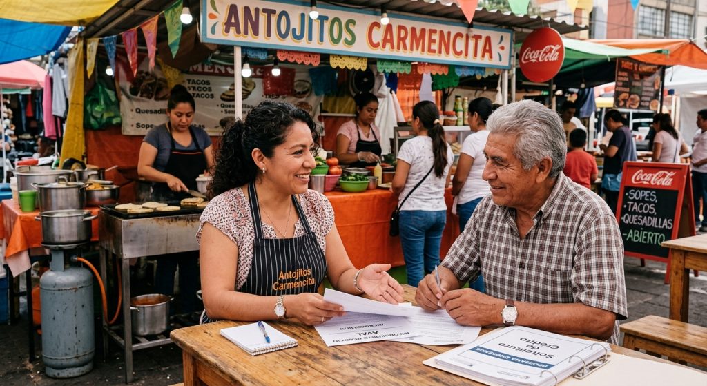 Mujer emprendedora mexicana platicando con su aval de confianza sobre un crédito para su puesto de comida.