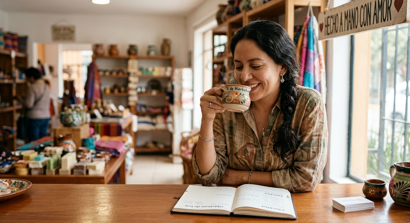 Mujer emprendedora tomando una taza de té sonriendo y descansando unos minutos en el mostrador de su negocio.