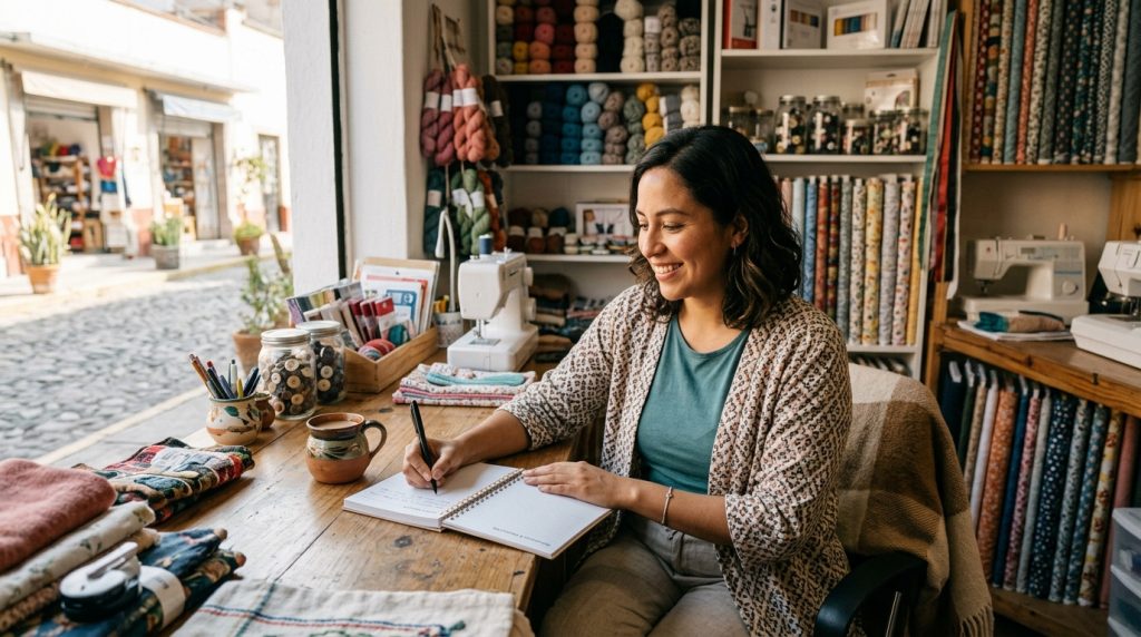 Mujer mexicana emprendedora sonriendo mientras anota sus logros diarios en una libreta en su taller, disfrutando un momento de paz.