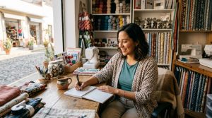 Mujer mexicana emprendedora sonriendo mientras anota sus logros diarios en una libreta en su taller, disfrutando un momento de paz.