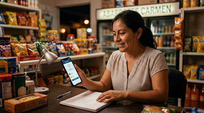 Mujer emprendedora revisando en su celular una transferencia bancaria fuera de horario en su negocio.