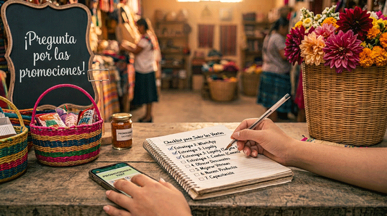 Manos de mujer mexicana que sostienen un lápiz marcando en una libreta las estrategias que ha aplicado para incrementar sus ventas.