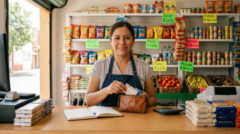 Mujer mexicana emprendedora atendiendo su tienda de abarrotes con tranquilidad al cuidar sus documentos y finanzas.
