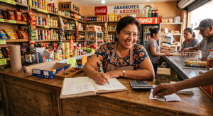 Mujer emprendedora con casa propia sonriente anotando cuentas en la barra de su tienda de abarrotes.
