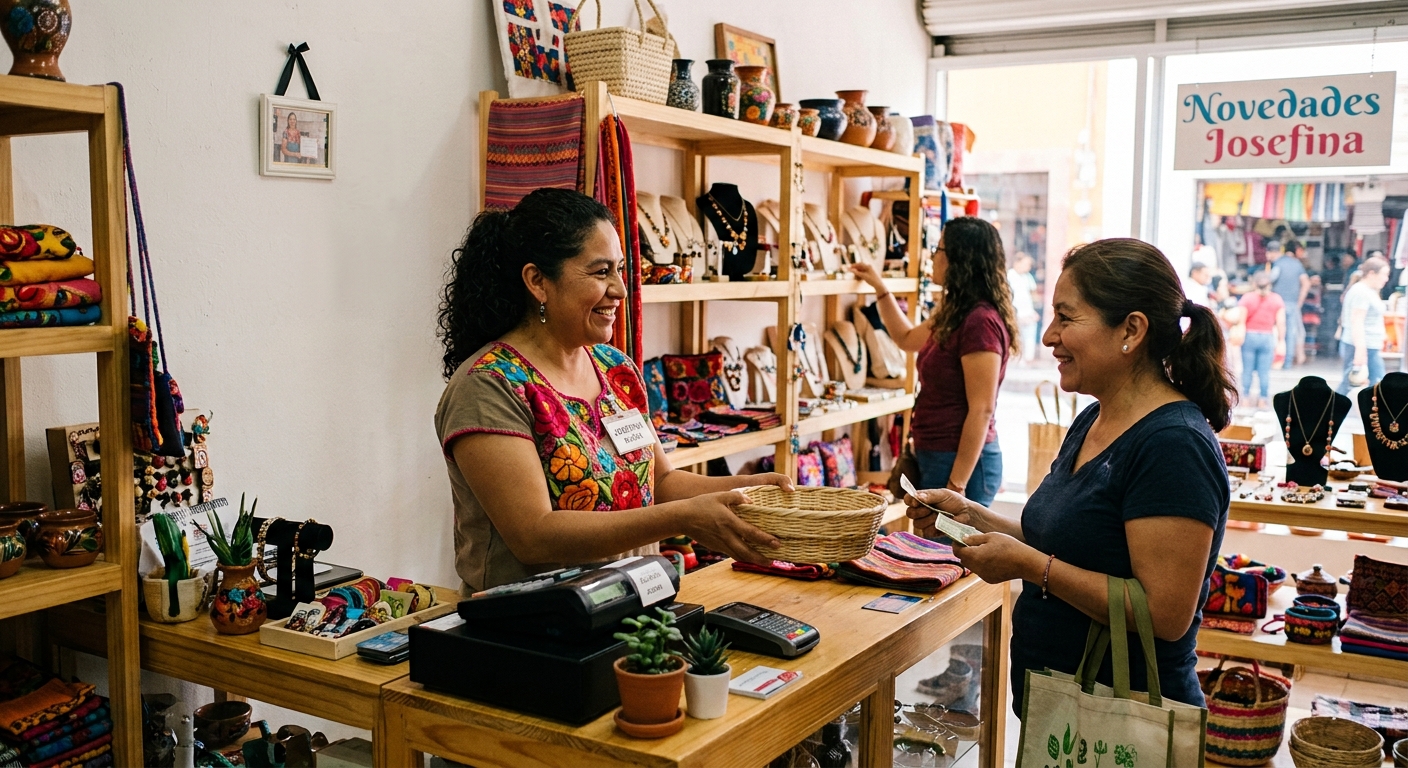 Mujer emprendedora mexicana atendiendo su negocio con apoyo de un crédito inicial y monto mínimo.