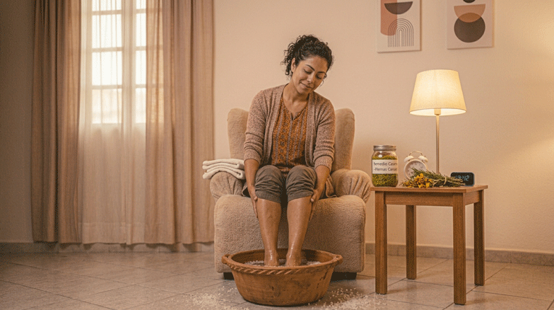 Mujer sonriendo en su hogar mientras aplica remedios para el dolor de piernas por estar de pie y cuida su postura.