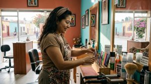 Mujer mexicana dueña de un salón de belleza acomodando sus herramientas de trabajo con tranquilidad al inicio de su rutina diaria.