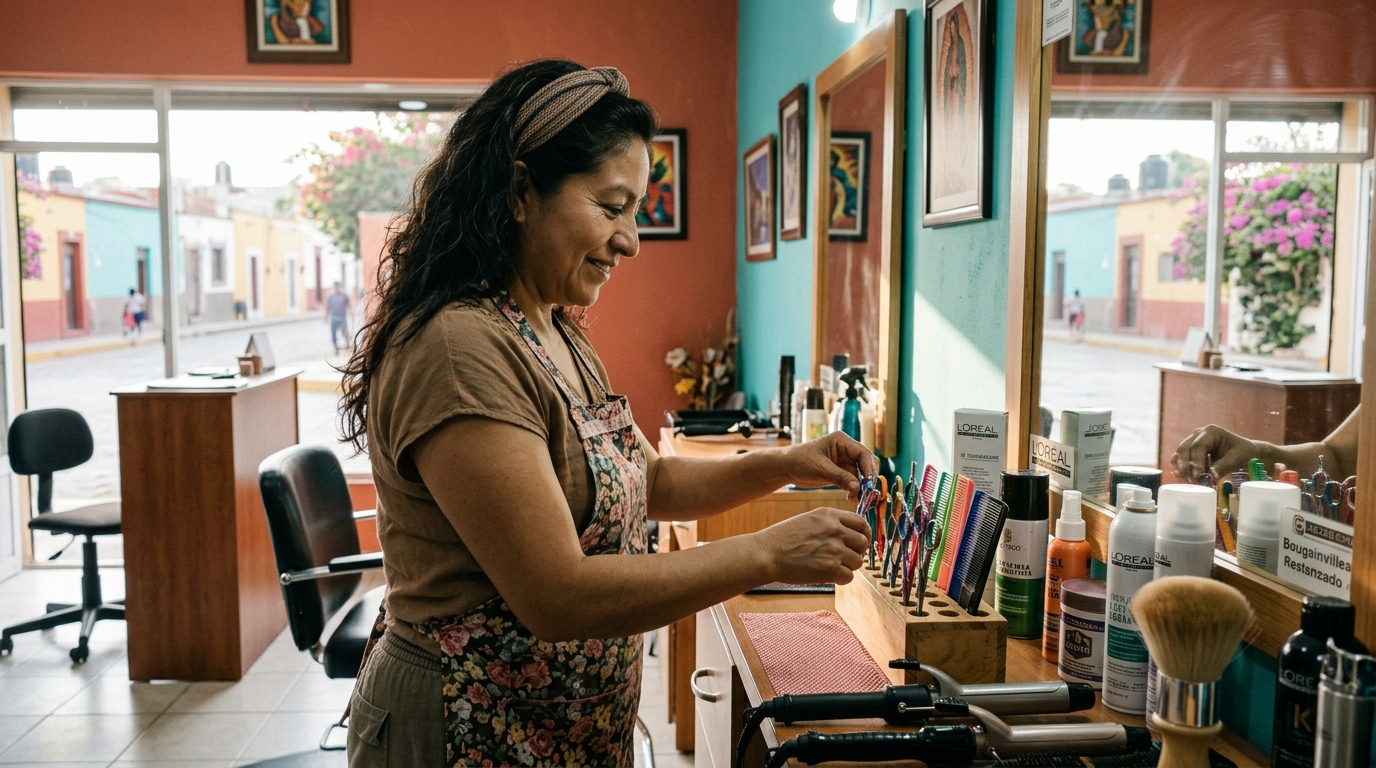 Mujer mexicana dueña de un salón de belleza acomodando sus herramientas de trabajo con tranquilidad al inicio de su rutina diaria.