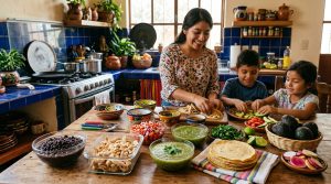 Mujer mexicana e hijos con ingredientes sencillos y frescos preparando su menú semanal económico y nutritivo para la familia.